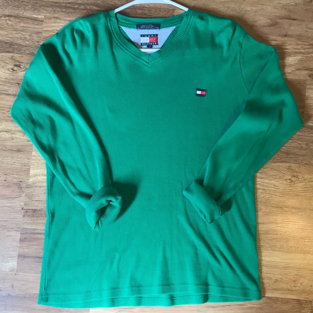 TOMMY HILFIGER ribbed green v neck pullover